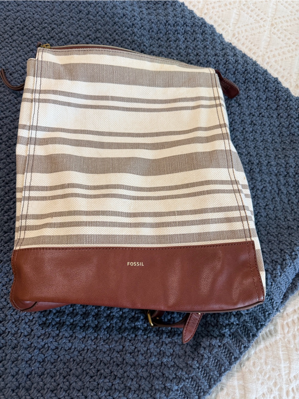 Fossil Cream & Brown Striped Canvas Backpack